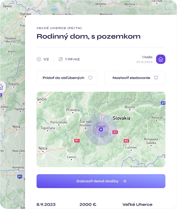 Ukážka aplikácie Dražbuj.sk s mapou dražieb