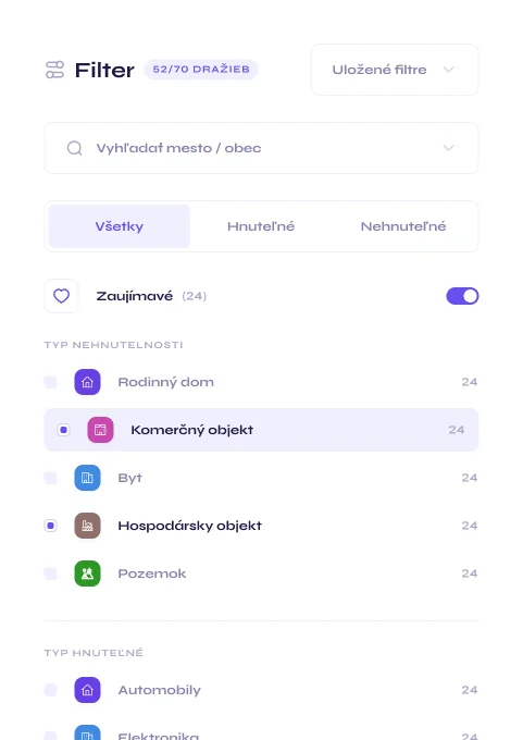 Náhľad rozhrania aplikácie s filtrami a mapou dražieb